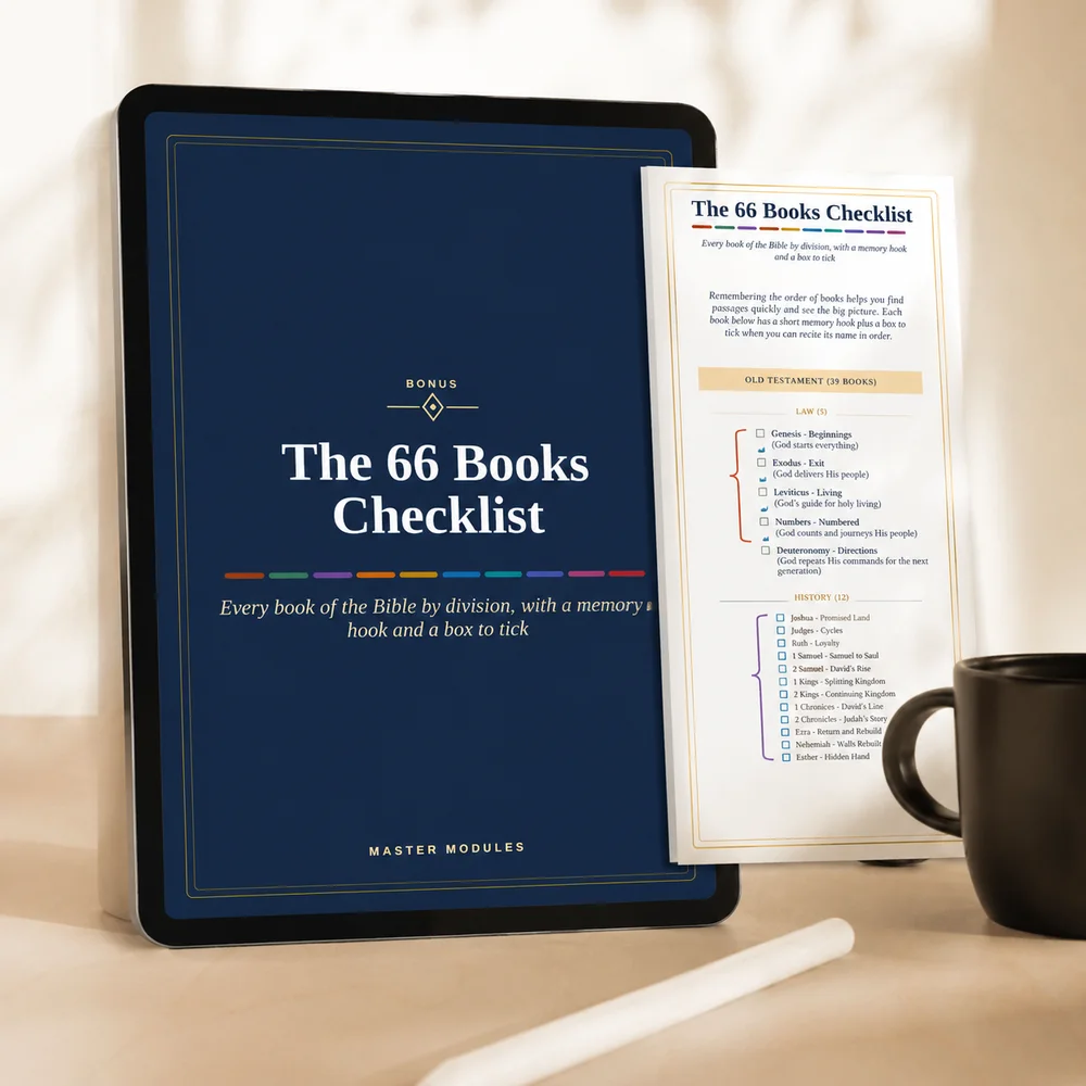 The 66 Books Checklist from The Bible Roadmap beside a tablet cover